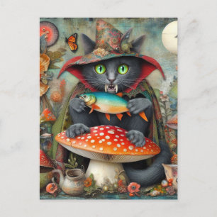 Entzückende Vampirkatze mit einem Fisch auf einem  Postkarte