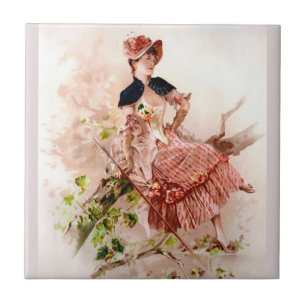 Entzückende Vintage-Dame im rosa Kleid Fliese