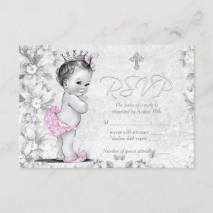 Entzückende Vintage-Rosa und Grau-Taufe RSVP Karte