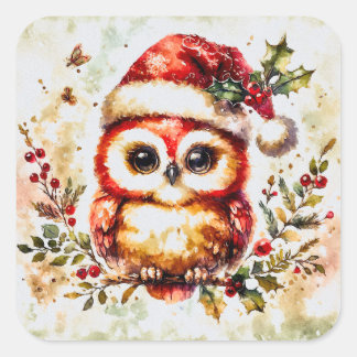 Entzückende Vintage-Weihnachtseule Quadratischer Aufkleber