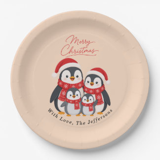 Entzückende Winter-Pinguin-Familie Weihnachten Cus Pappteller