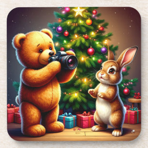 Entzückender Bär und Kaninchen beim Weihnachtsfest Getränkeuntersetzer