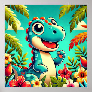 Entzückender Cartoon-Dinosaur inmitten von lebendi Poster