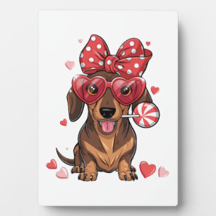 Entzückender Dachshund in Herzbrille und Tupfen Fotoplatte