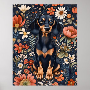 Entzückender Dachshund umgeben von lebendigen Blum Poster