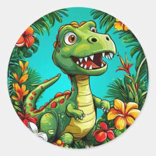 Entzückender Dinosaurier umgeben von farbenfrohen Runder Aufkleber