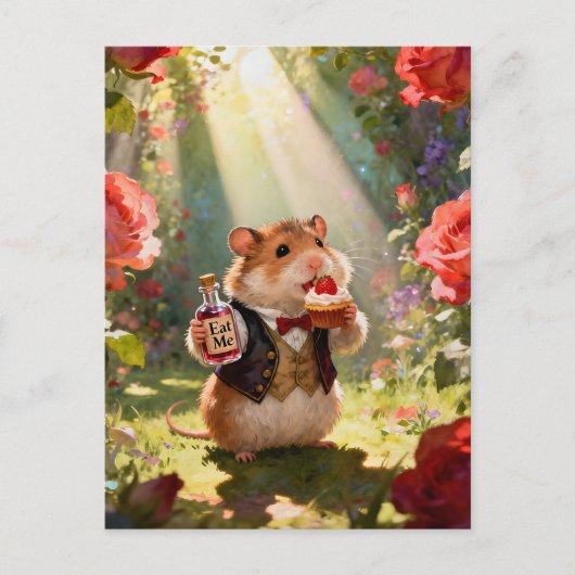 Entzückender Hamster isst Erdbeertörtchen Postkarte (Vorderseite)