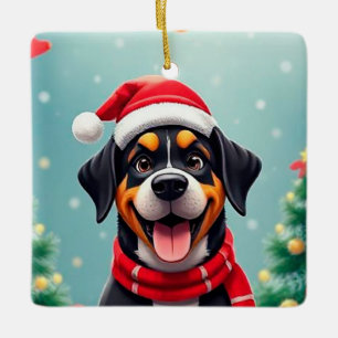 Entzückender Hund mit Weihnachtsmannmütze Keramikornament