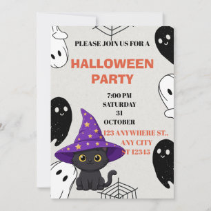 Entzückender lila Hut Katzen Halloween Einladung