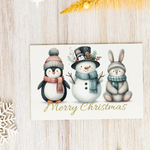 Entzückender Pinguin, Schneemann & Hase „Frohe Wei Feiertagspostkarte