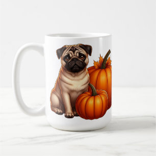 Entzückender Pug sitzt neben Kürbissen und Blätter Kaffeetasse