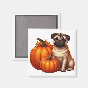 Entzückender Pug sitzt neben Kürbissen und Blätter Magnet