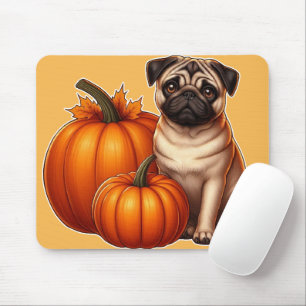 Entzückender Pug sitzt neben Kürbissen und Blätter Mousepad