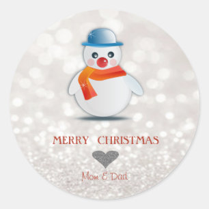 Entzückender Schneemann,Glitzernde Bokeh Runder Aufkleber