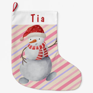 Entzückender Schneemann Rosa und lila gestreifte W Großer Weihnachtsstrumpf