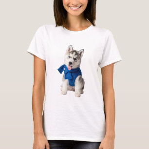 Entzückender sibirischer Husky-Welpe mit blauem Ge T-Shirt