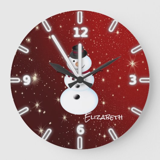 Entzückender Snowman, Rot - personalisiert Große Wanduhr (Vorderseite)