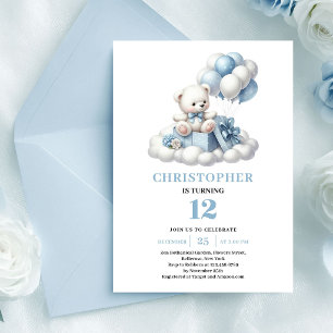 Entzückender Teddybär blaue Luftballons Junge Gebu Einladung