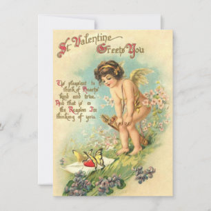 Entzückender Vintage-Valentins-Cupid-Cherub Mitteilungskarte