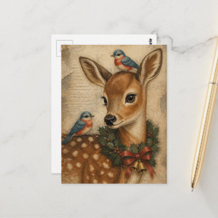 Entzückender vintage Weihnachtsreh und Vögel Postkarte