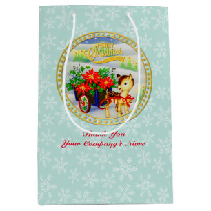 Entzückender vintage Weihnachtsrentier- und Blumen Mittlere Geschenktüte