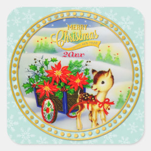 Entzückender vintage Weihnachtsrentier- und Blumen Quadratischer Aufkleber