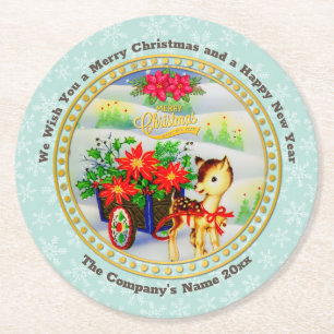 Entzückender vintage Weihnachtsrentier- und Blumen Runder Pappuntersetzer