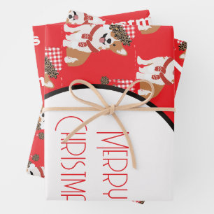 Entzückender Weihnachtshund mit Weihnachtsmannmütz Geschenkpapier Set