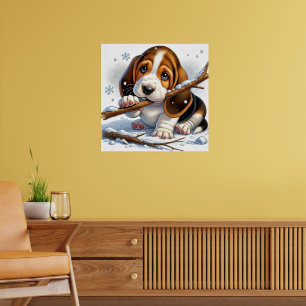 Entzückender Welpe hält einen schneebedeckten Stoc Poster