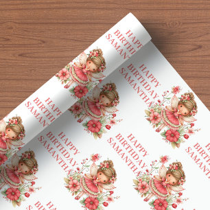 Entzückendes Feen-Mädchen Schamrot Blumen Geburtst Geschenkpapier