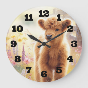 Entzückendes Highland-Babyrind auf einem Blumenfel Große Wanduhr