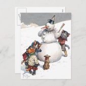Entzückendes Katzen-Gebäude ein Snowman Feiertagspostkarte (Vorne/Hinten)