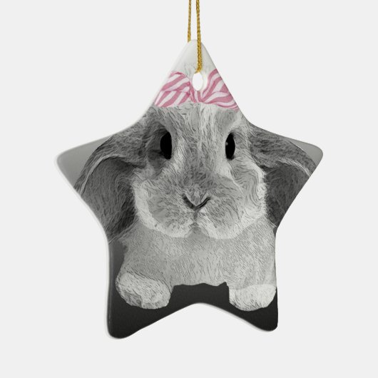 Entzückendes kleines Häschen mit einem rosa Bogen Keramikornament (Rechts)