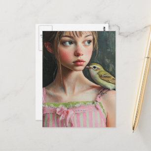 Entzückendes Mädchen mit süßem Vogel auf ihrer Sch Postkarte