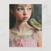 Entzückendes Mädchen mit süßem Vogel auf ihrer Sch Postkarte (Vorderseite)