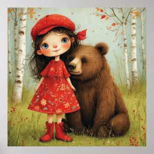 Entzückendes Mädchen und Bär im märchenhaften Wald Poster