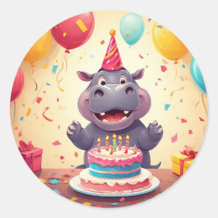 Entzückendes Nilpferd feiert Geburtstag mit Kuchen Runder Aufkleber