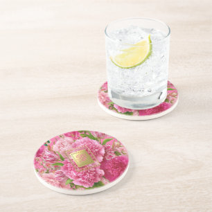 Entzückendes rosa und grünes Blumenmonogramm Sands Getränkeuntersetzer