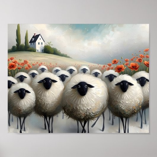Entzückendes Schaf Mohnfeld und ein Haus Poster (Vorne)