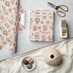Entzückendes Tierparty-Muster – Rosa & Beige Geschenkpapier
