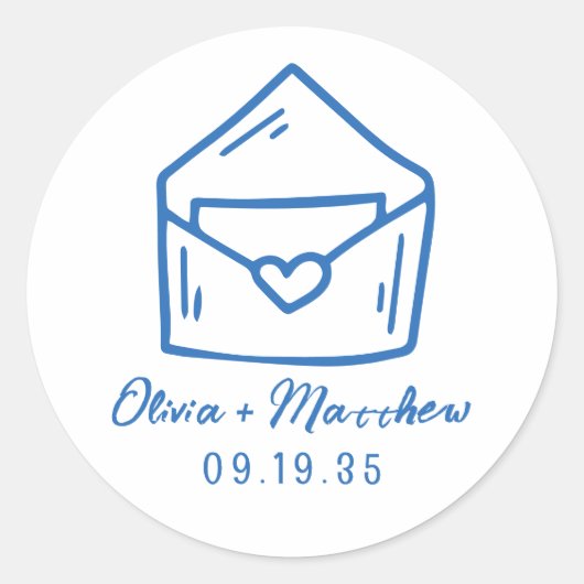 Envelope Heart Blue French Style Wedding Date Runder Aufkleber (Vorderseite)