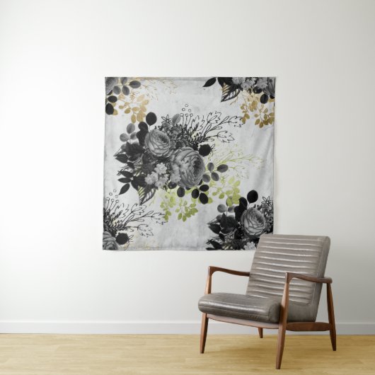 Ephemera Black & Gold Floral Wandteppich (Beispiel (Horizontal))
