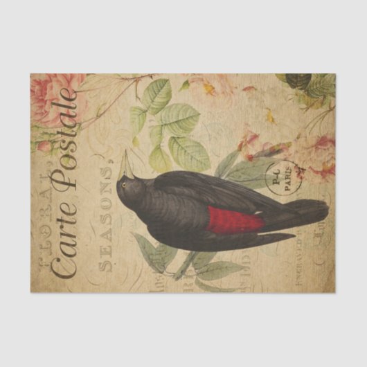 Ephemera Black Red Bird Rosa Roses Decoupage Seidenpapier (Vorderseite)