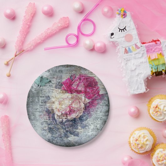 Ephemera Floral Butterfly Newsprint Pappteller (Party)