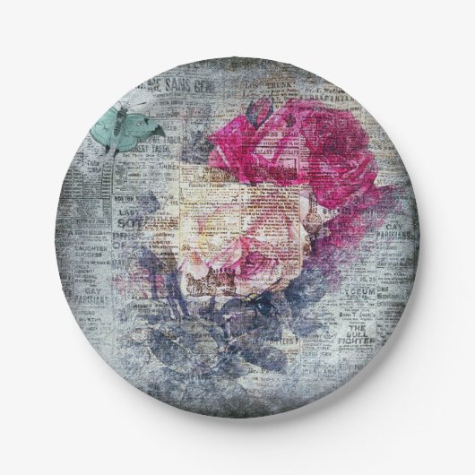 Ephemera Floral Butterfly Newsprint Pappteller (Vorderseite)