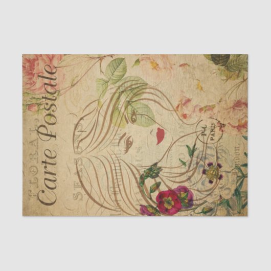 Ephemera Französisch Postcard Line Art Decoupage Seidenpapier (Vorderseite)