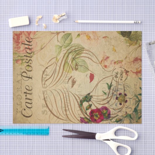 Ephemera Französisch Postcard Line Art Decoupage Seidenpapier (Handwerk)