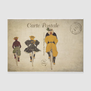 Ephemera Französische Postkarte Familie Radfahren Seidenpapier