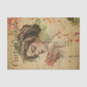 Ephemera Französische Postkartenfrau mit Rose Deco Seidenpapier (Vorderseite)