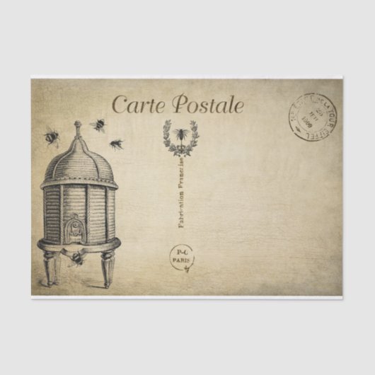 Ephemera French Postcard Beehive Bees Decoupage Seidenpapier (Vorderseite)